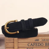 Women’s Suede Leather Skinny Belt with Gold Buckle