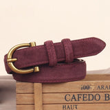 Women’s Suede Leather Skinny Belt with Gold Buckle