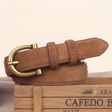 Women’s Suede Leather Skinny Belt with Gold Buckle